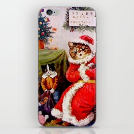'A Merry Christmas' Vintage Cat Art by Louis Wain iPhone Skin