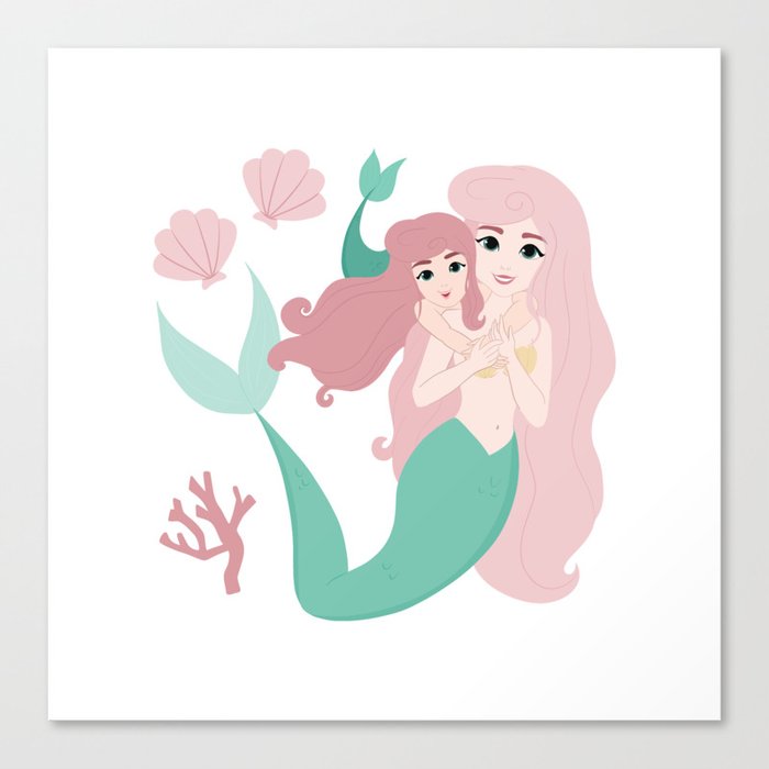 Mermaid Daughter Hugging Mother Ocean Canvas Print