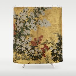 White Red Chrysanthemums Floral Japanese Gold Screen Shower Curtain