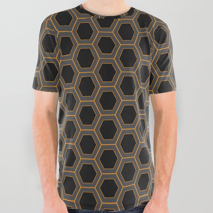 Black, Grey, and Orange Honeycomb Minimalist Pattern All Over Graphic Tee