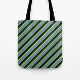 [ Thumbnail: Light Salmon, Light Slate Gray, Black, Green, and Light Cyan Colored Stripes/Lines Pattern Tote Bag ]