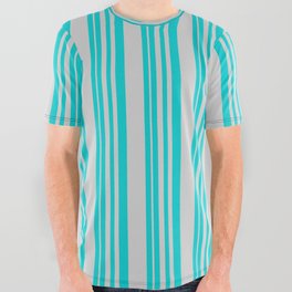 [ Thumbnail: Dark Turquoise & Light Gray Colored Pattern of Stripes All Over Graphic Tee ]