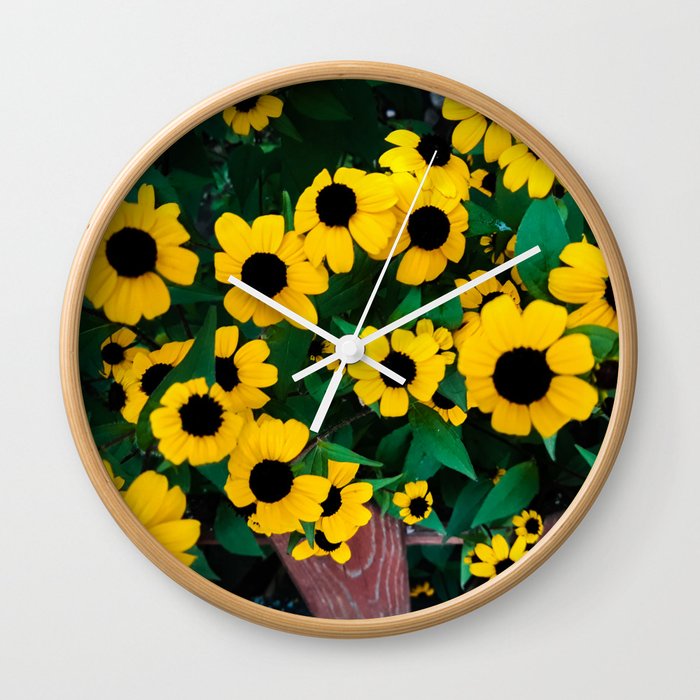 Yellow botanical vintage cottage core garden flowers Wall Clock