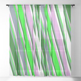 [ Thumbnail: Vibrant Plum, Lime, Light Slate Gray, Dark Green & White Colored Lines/Stripes Pattern Sheer Curtain ]