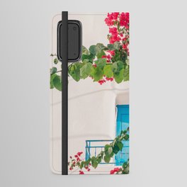 Red Flowers and Blue Shutter Door | Typical Greek Scene | Urban Travel Photography in Naxos, Cyclades, Greece Android Wallet Case