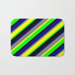 [ Thumbnail: Eye-catching Grey, Yellow, Lime, Black, and Blue Colored Lined/Striped Pattern Bath Mat ]