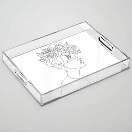 Abstract face with head flowers by one line drawing. Portrait minimalist style. Cosmetics nature symbol. Modern continuous line drawing. Fashion print. Beauty Living Room Art Canvas Print Acrylic Tray