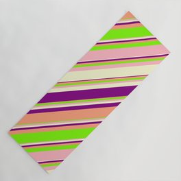 [ Thumbnail: Eye-catching Light Yellow, Purple, Light Salmon, Green & Light Pink Colored Stripes Pattern Yoga Mat ]