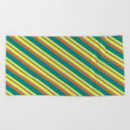 [ Thumbnail: Yellow, Light Sky Blue, Chocolate & Teal Colored Pattern of Stripes Beach Towel ]
