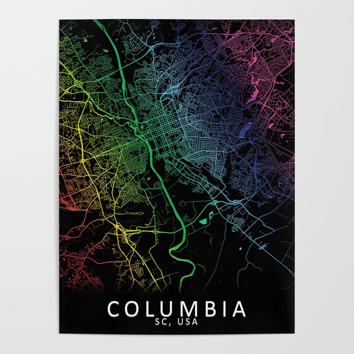 Columbia, SC, USA, City, Map, Rainbow, Map, Art, Print Poster