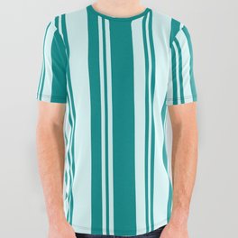 [ Thumbnail: Light Cyan and Dark Cyan Colored Lines Pattern All Over Graphic Tee ]