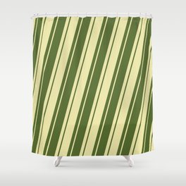 [ Thumbnail: Dark Olive Green & Pale Goldenrod Colored Pattern of Stripes Shower Curtain ]