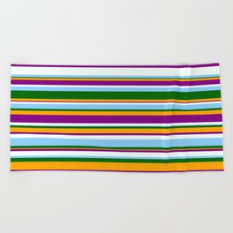 [ Thumbnail: Eyecatching Orange, Purple, Mint Cream, Light Sky Blue & Dark Green Colored Stripes/Lines Pattern Beach Towel ]