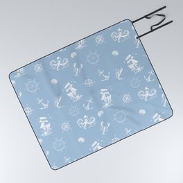 Pale Blue And White Silhouettes Of Vintage Nautical Pattern Picnic Blanket