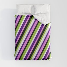 [ Thumbnail: Eye-catching Green, White, Indigo, Violet & Black Colored Lined/Striped Pattern Duvet Cover ]