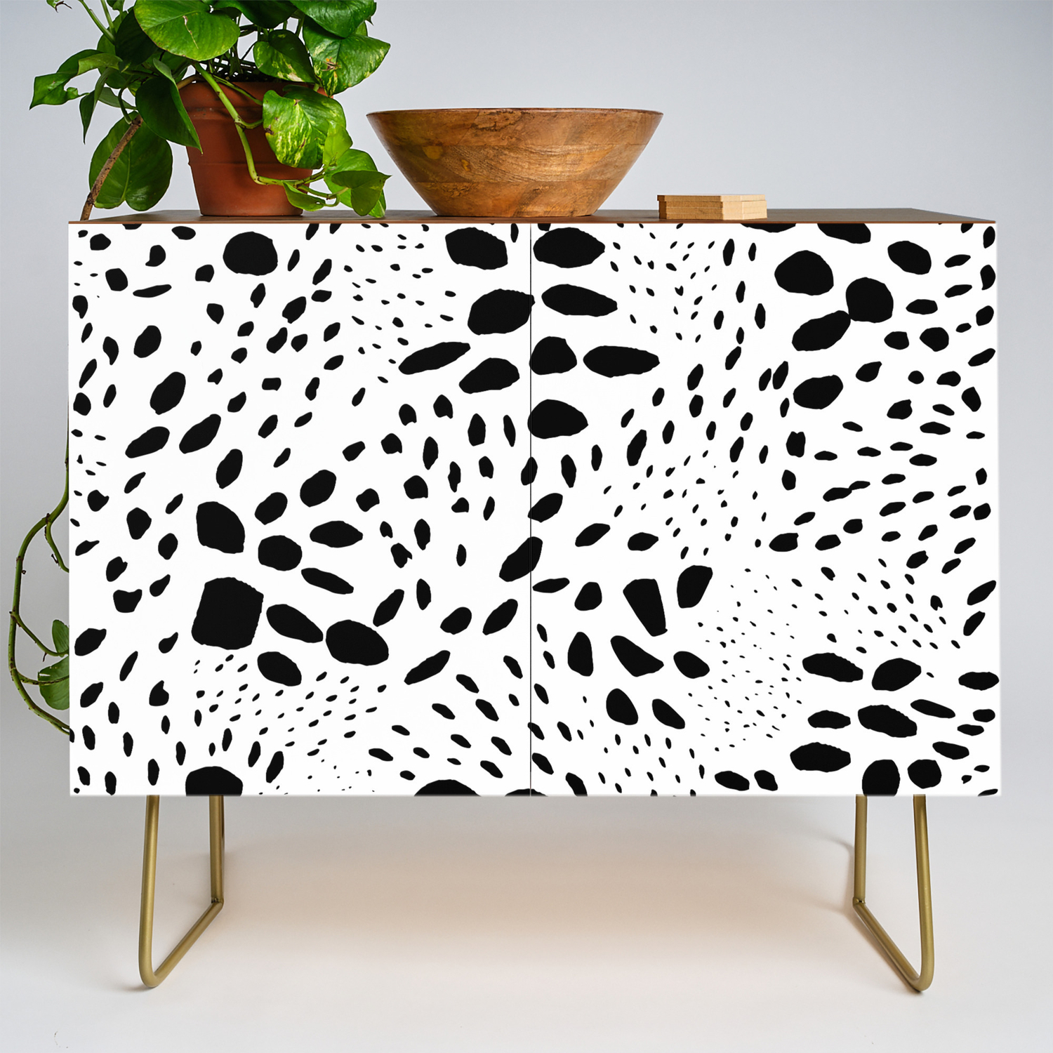 Modern Abstract Hand Painted Black Polka Dots Pattern Credenza By