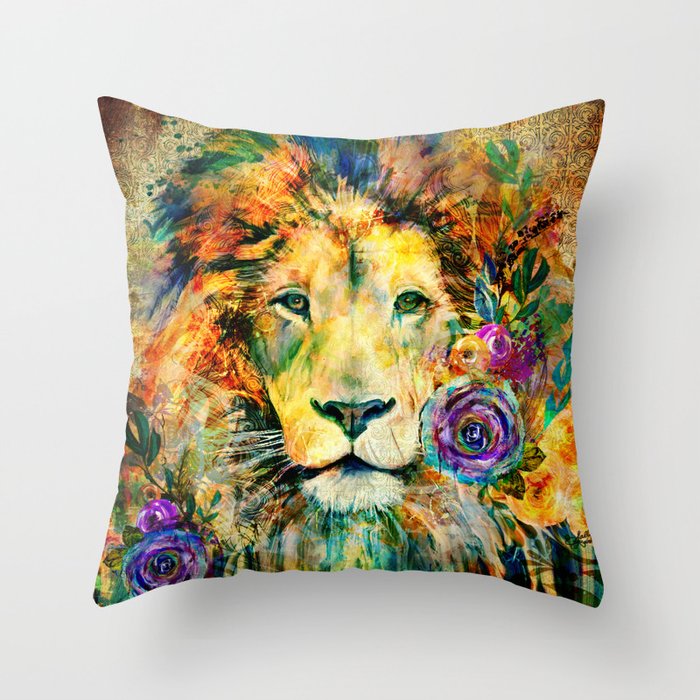 Bold Mixed Media Lion with Vintage Background Throw Pillow