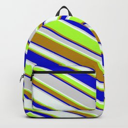 [ Thumbnail: Colorful Light Gray, Mint Cream, Light Green, Dark Goldenrod, and Blue Colored Striped/Lined Pattern Backpack ]