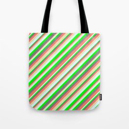 [ Thumbnail: Vibrant Gray, Salmon, Tan, Light Cyan & Lime Colored Striped Pattern Tote Bag ]