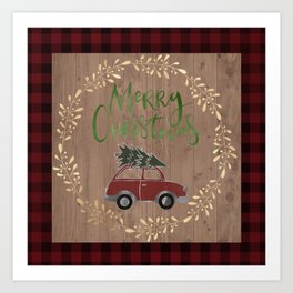 Christmas Wood and Plaid Car Art Print | Digital, Rustic, Joyful, Typography, Holiday, Vintagechristmas, Christmas, Simple, Vintagecar, Buffaloplaid 