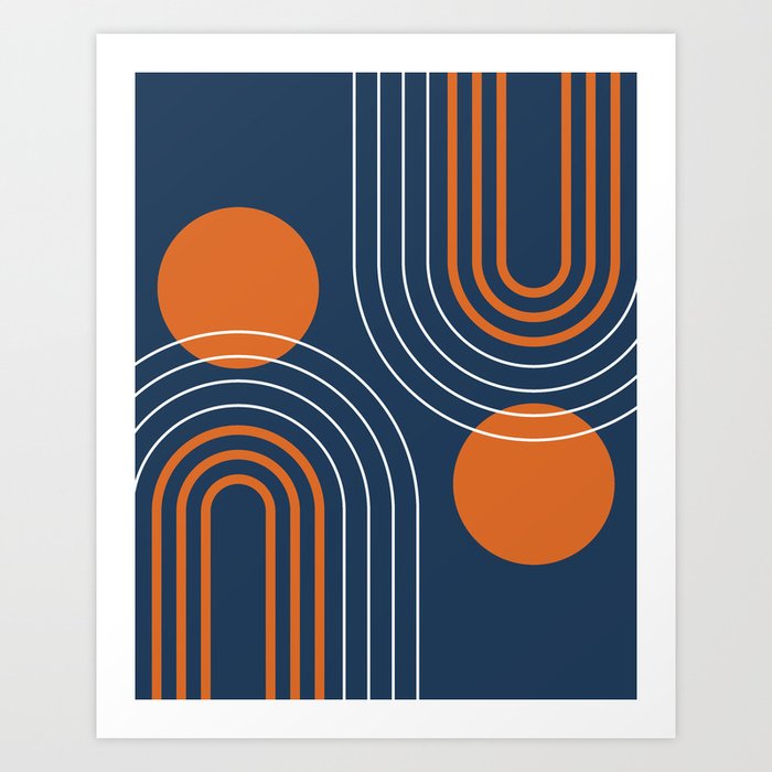 Mid Century Modern Geometric 111 in Navy Blue and Vintage Orange (Rainbow and Sun Abstraction) Art Print