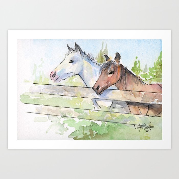 Horses Watercolor Sketch Barn Animals Horse Art Print