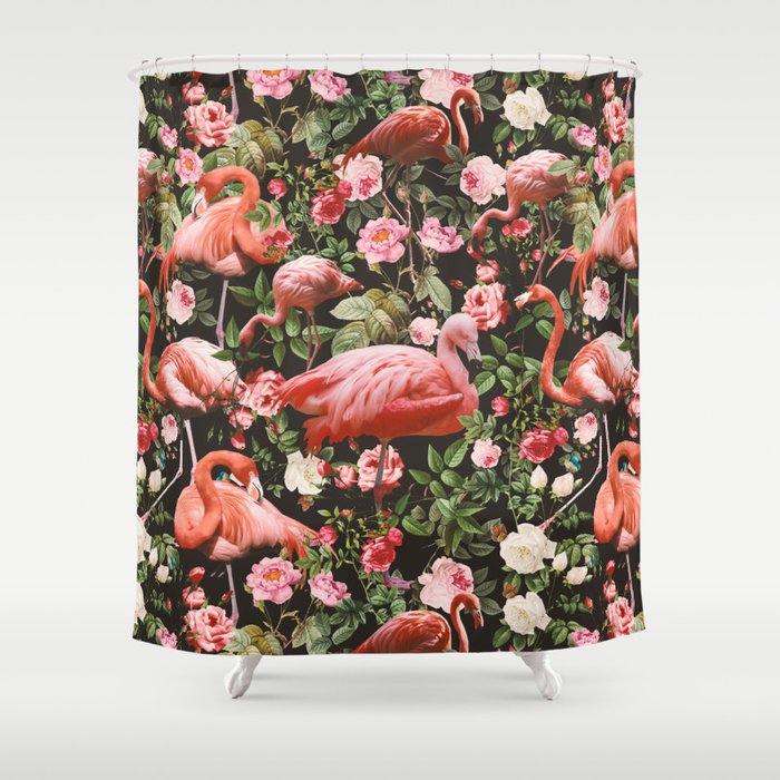 Floral and Flemingo Pattern Shower Curtain