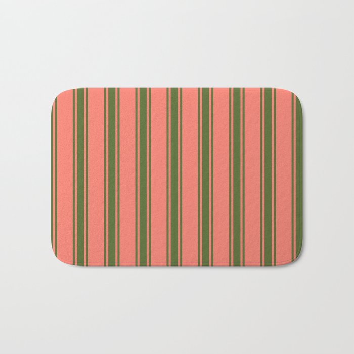 Salmon & Dark Olive Green Colored Stripes Pattern Bath Mat
