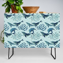  seamless pattern of whales and schools of fish in blue with gray colors Credenza
