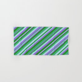 [ Thumbnail: Sea Green, Light Blue, Purple, and Forest Green Colored Lines/Stripes Pattern Hand & Bath Towel ]