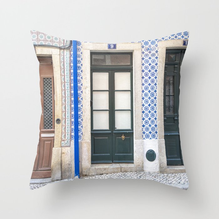 Three doors art print - Lisbon Alfama blue green azulejos - street and travel photography Throw Pillow