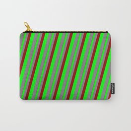 [ Thumbnail: Dark Red, Lime, and Gray Colored Stripes Pattern Carry-All Pouch ]