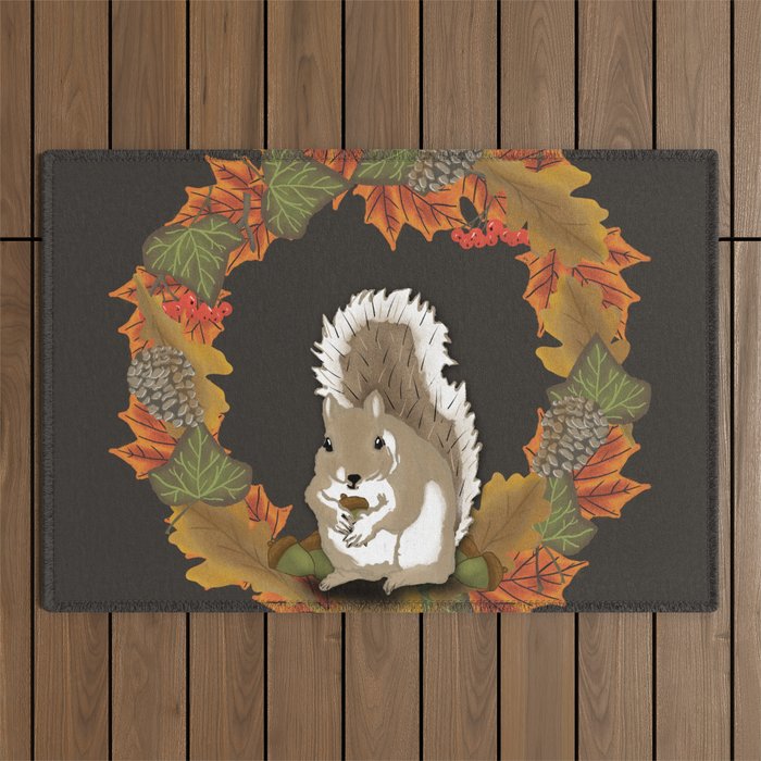 Autumn Wreath with Squirrel and acorn on brown Outdoor Rug