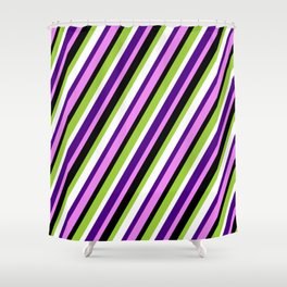 [ Thumbnail: Eye-catching Green, White, Indigo, Violet & Black Colored Lined/Striped Pattern Shower Curtain ]