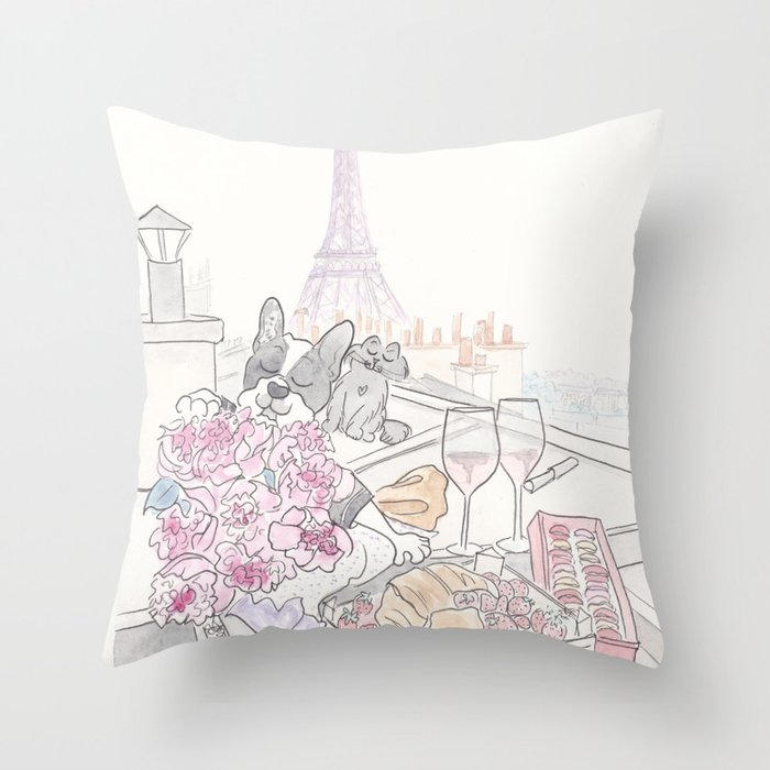 Paris Rooftop Picnic with French Bulldog and Black Cat Throw Pillow