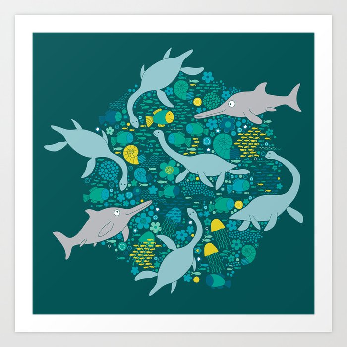 Swimming with Plesiosaurs - Turquoise and Lemon Art Print