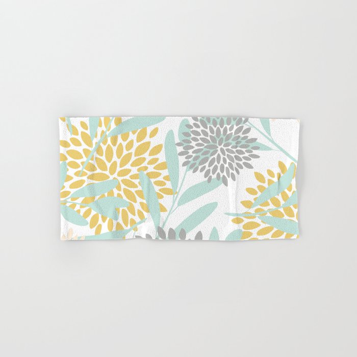 Floral Prints, Leaves and Blooms, Yellow, Gray and Aqua Hand & Bath Towel