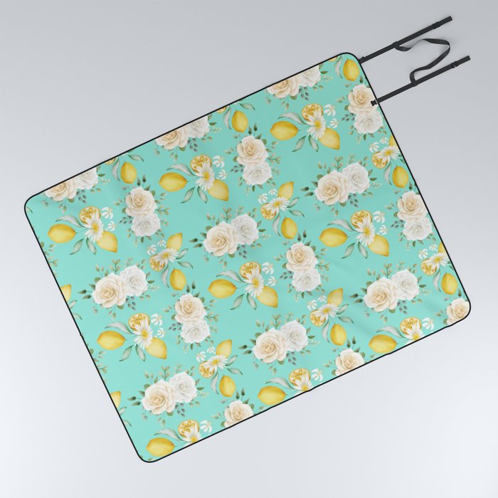 Lemons and White Flowers Pattern On Mint Blue Background Picnic Blanket
