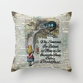 Vintage Alice in Wonderland and Cheshire cat dictionary art background Throw Pillow