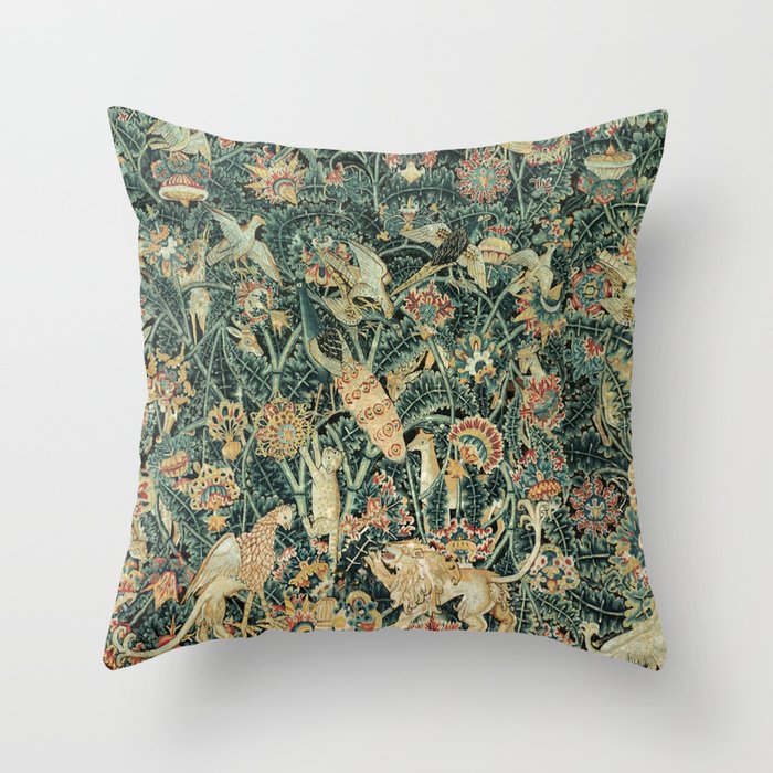 Green Leaf Tapestry Motif with Birds and Animals Throw Pillow