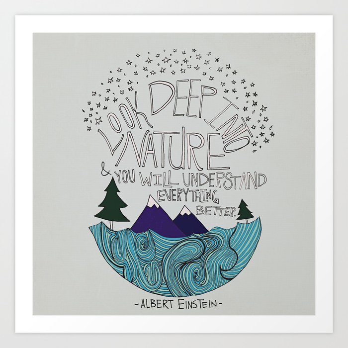 Look Deep into Nature - Ocean Mountain Illustration and Typography Art Print