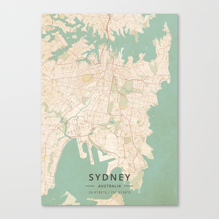 Sydney, Australia - Vintage Map Canvas Print
