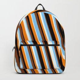 [ Thumbnail: Vibrant Brown, Light Sky Blue, Mint Cream, Dark Orange & Black Colored Stripes/Lines Pattern Backpack ]