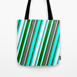 [ Thumbnail: Dim Grey, Cyan, Mint Cream & Dark Green Colored Stripes Pattern Tote Bag ]