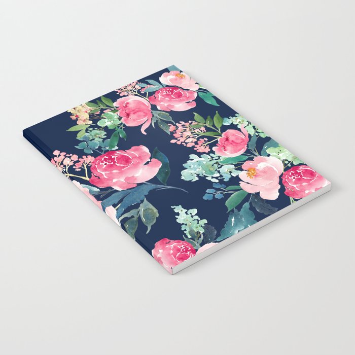 Navy and Pink Watercolor Peony Notebook