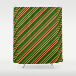 [ Thumbnail: Red and Dark Green Colored Stripes Pattern Shower Curtain ]