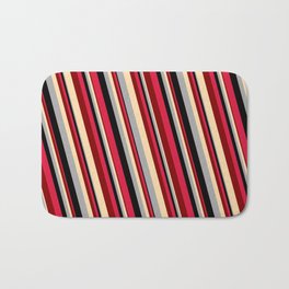 [ Thumbnail: Eye-catching Crimson, Maroon, Tan, Dark Gray, and Black Colored Lines/Stripes Pattern Bath Mat ]