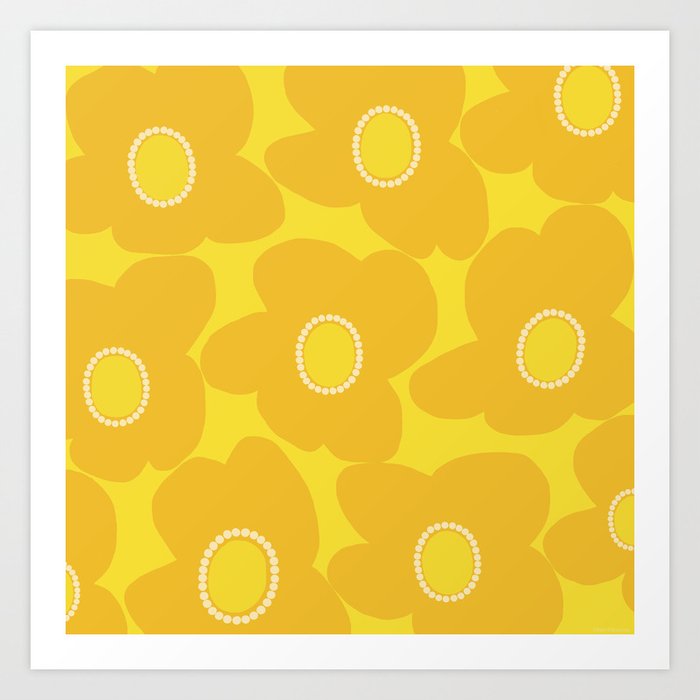 Retro Flowers 2024 Honey Yellow Large Petals on Sunny Yellow Background #decor #society6 #buyart Art Print