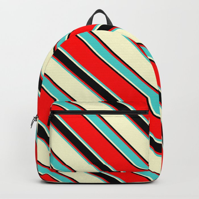 Red, Turquoise, Light Yellow & Black Colored Lined/Striped Pattern Backpack
