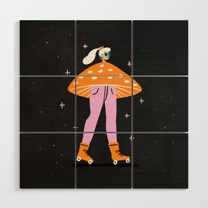 Mushroom Roller girl in Space Wood Wall Art